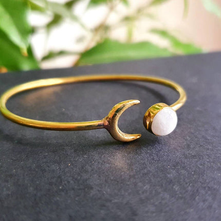 Gold Moon Bracelet / Moonstone / Brass / Bangle / Galaxy / Solar System / Planets / Boho / Adjustable / Hippie / Chic / Sun