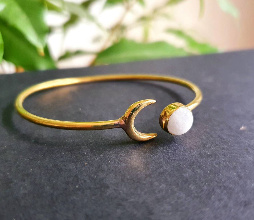 Gold Moon Bracelet / Moonstone / Brass / Bangle / Galaxy / Solar System / Planets / Boho / Adjustable / Hippie / Chic / Sun