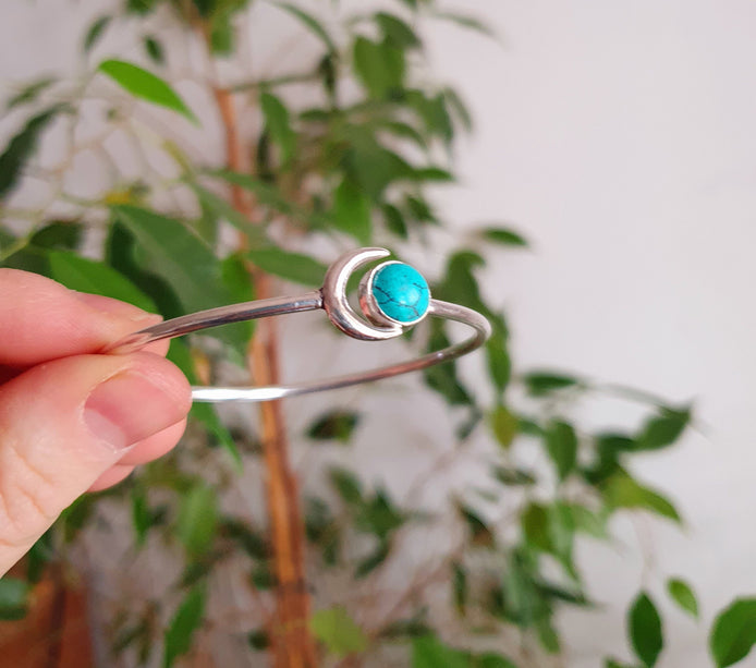 Silver Moon Bracelet / Turquoise / Bangle / Galaxy / Solar System / Planets / Boho / Adjustable / Hippie / Chic / Sun