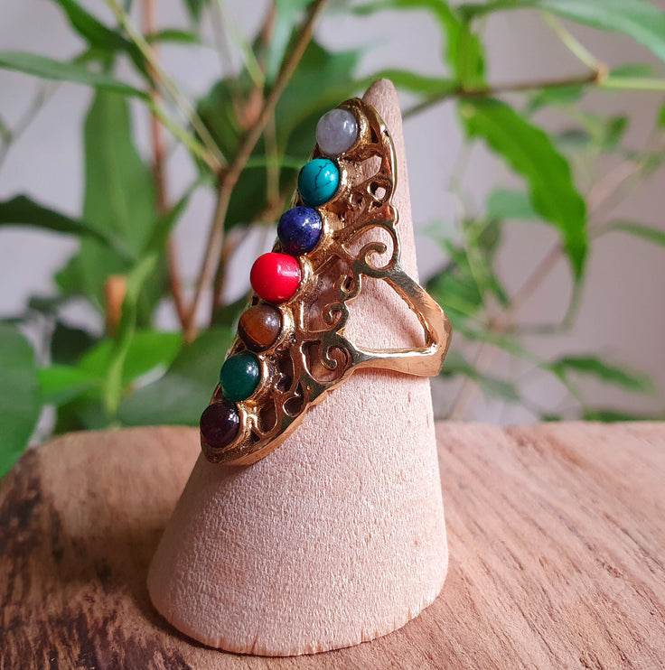 Seven Chakras Ring / 7 Chakras / Gold ring / Brass / Yoga / Reiki / Boho / Hippie / Rustic / Ethnic / Crystals / Third Eye / Illuminati