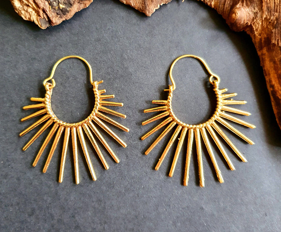 Large Sun Earrings / Gold / Brass / Hoops / Galaxy Boho Bohemian Geometric Yoga Ethnic Boho Rustic Chic Gypsy Spiral Hippie Tribal style