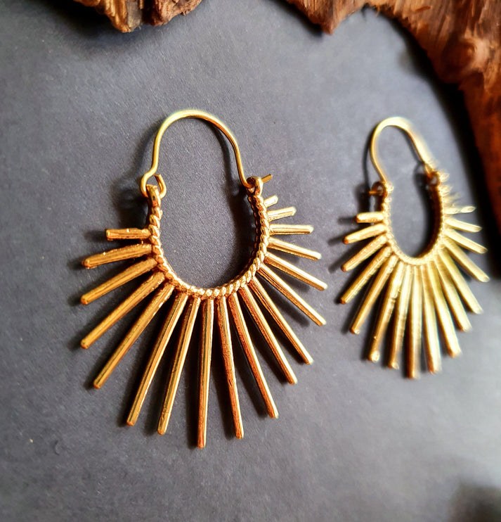 Large Sun Earrings / Gold / Brass / Hoops / Galaxy Boho Bohemian Geometric Yoga Ethnic Boho Rustic Chic Gypsy Spiral Hippie Tribal style