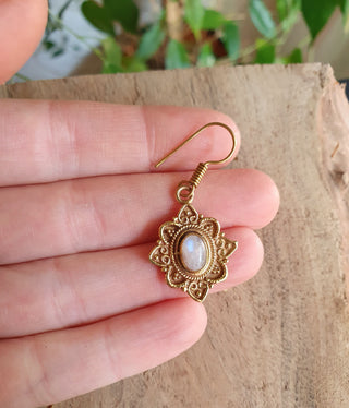 Small Moonstone Brass Drop Dangle earrings / Birth Stone / Ethnic / rustic, yoga, hippie, gypsy, pretty, psy, boho, bohemian, festival