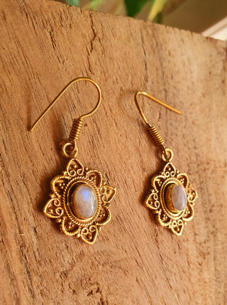 Small Moonstone Brass Drop Dangle earrings / Birth Stone / Ethnic / rustic, yoga, hippie, gypsy, pretty, psy, boho, bohemian, festival