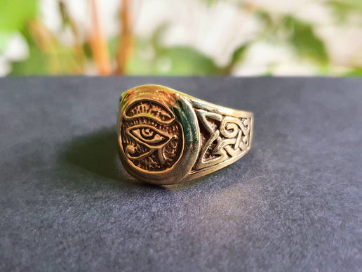 Eye of Horus Gold Ring / Ancient Egypt / Ra / Hieroglyphics / Brass / Ethnic / rustic, yoga, hippie, gypsy, boho, bohemian, festival