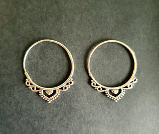 Boho Infinity Silver Hoops, Intricate Details Ethnic Silver Earrings, Pair of Bohemian Hoop Earrings