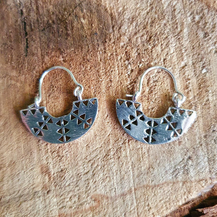 Mini Aztec Inca Style Silver Earrings; Ethnic, Geometric, rustic, yoga, hippie, gypsy, pretty, psy, boho, bohemian, festival