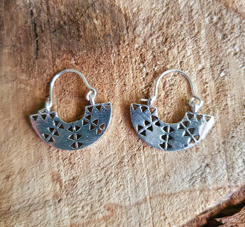 Mini Aztec Inca Style Silver Earrings; Ethnic, Geometric, rustic, yoga, hippie, gypsy, pretty, psy, boho, bohemian, festival