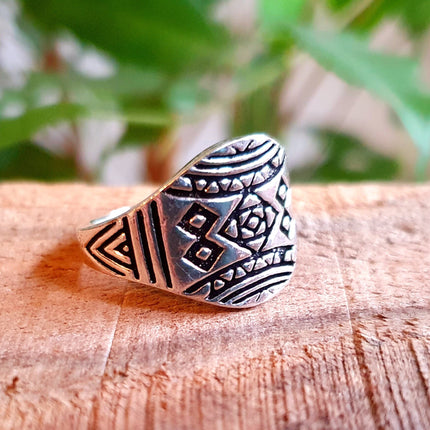 Aztec Silver Ring / Unisex / Mens / Touareg / Geometric / Boho / Ethnic / Rustic / Festival / Bohemian / Hippie / Gypsy / Psy