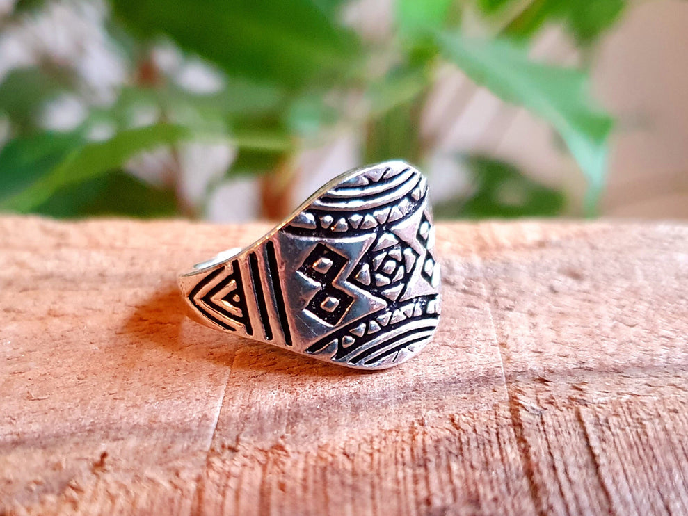 Aztec Silver Ring / Unisex / Mens / Touareg / Geometric / Boho / Ethnic / Rustic / Festival / Bohemian / Hippie / Gypsy / Psy