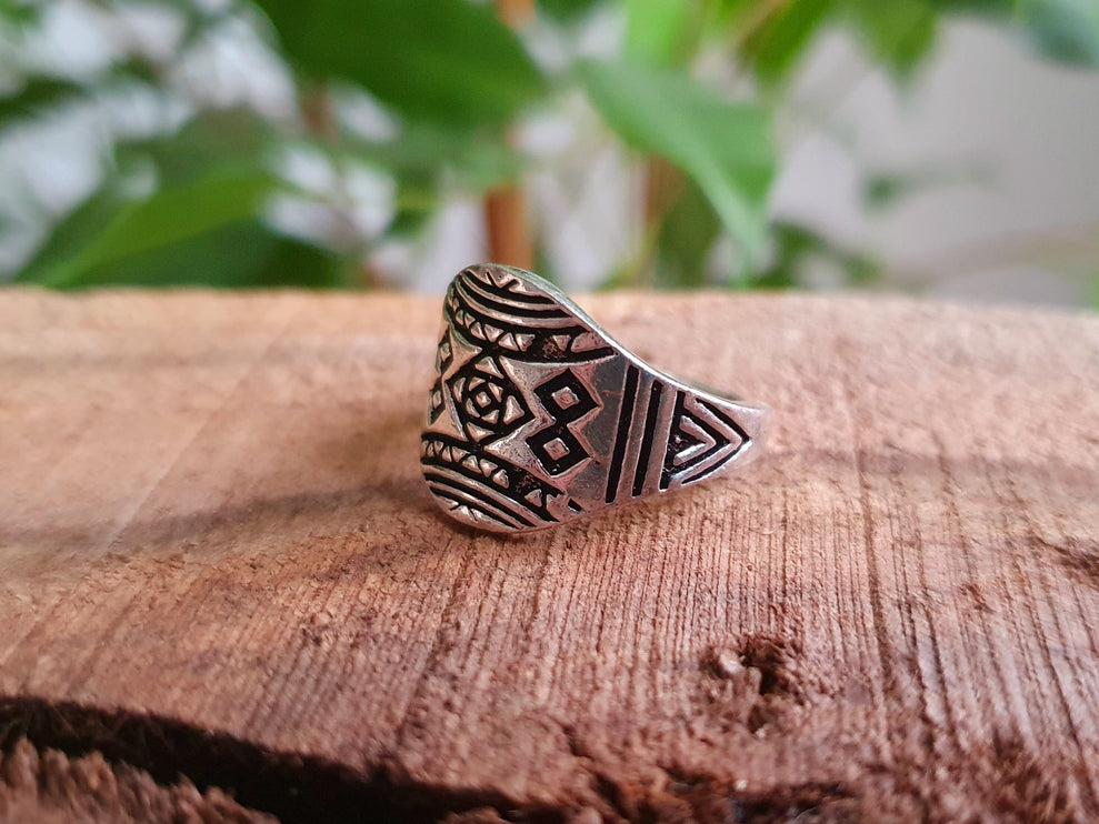 Aztec Silver Ring / Unisex / Mens / Touareg / Geometric / Boho / Ethnic / Rustic / Festival / Bohemian / Hippie / Gypsy / Psy