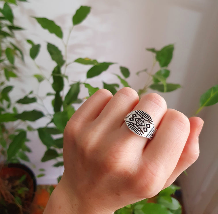 Aztec Silver Ring / Unisex / Mens / Touareg / Geometric / Boho / Ethnic / Rustic / Festival / Bohemian / Hippie / Gypsy / Psy