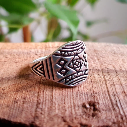 Aztec Silver Ring / Unisex / Mens / Touareg / Geometric / Boho / Ethnic / Rustic / Festival / Bohemian / Hippie / Gypsy / Psy