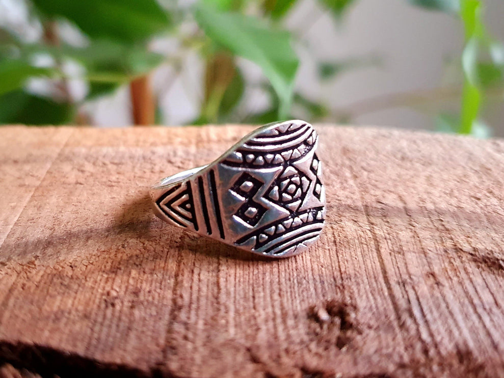 Aztec Silver Ring / Unisex / Mens / Touareg / Geometric / Boho / Ethnic / Rustic / Festival / Bohemian / Hippie / Gypsy / Psy