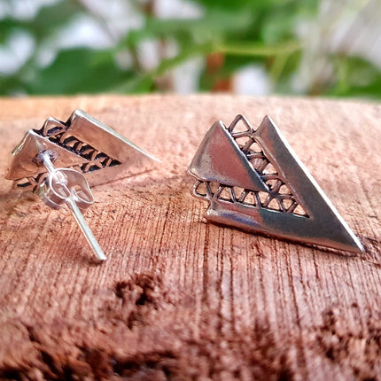 Contemporary Silver Minimalist Triangle Stud Earrings / Geometric Chic Ethnic Boho Bohemian Chic Gypsy Spiral Hippie Festival