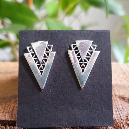 Contemporary Silver Minimalist Triangle Stud Earrings / Geometric Chic Ethnic Boho Bohemian Chic Gypsy Spiral Hippie Festival