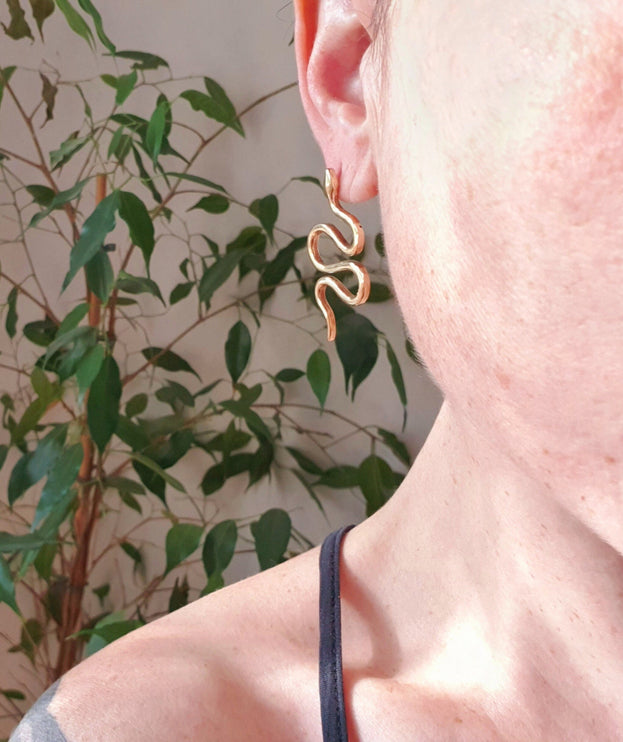 Gold Snake Earrings / Stud Earrings / Contemporary / Modern / Medusa / Boho / Brass / Animal / Nature