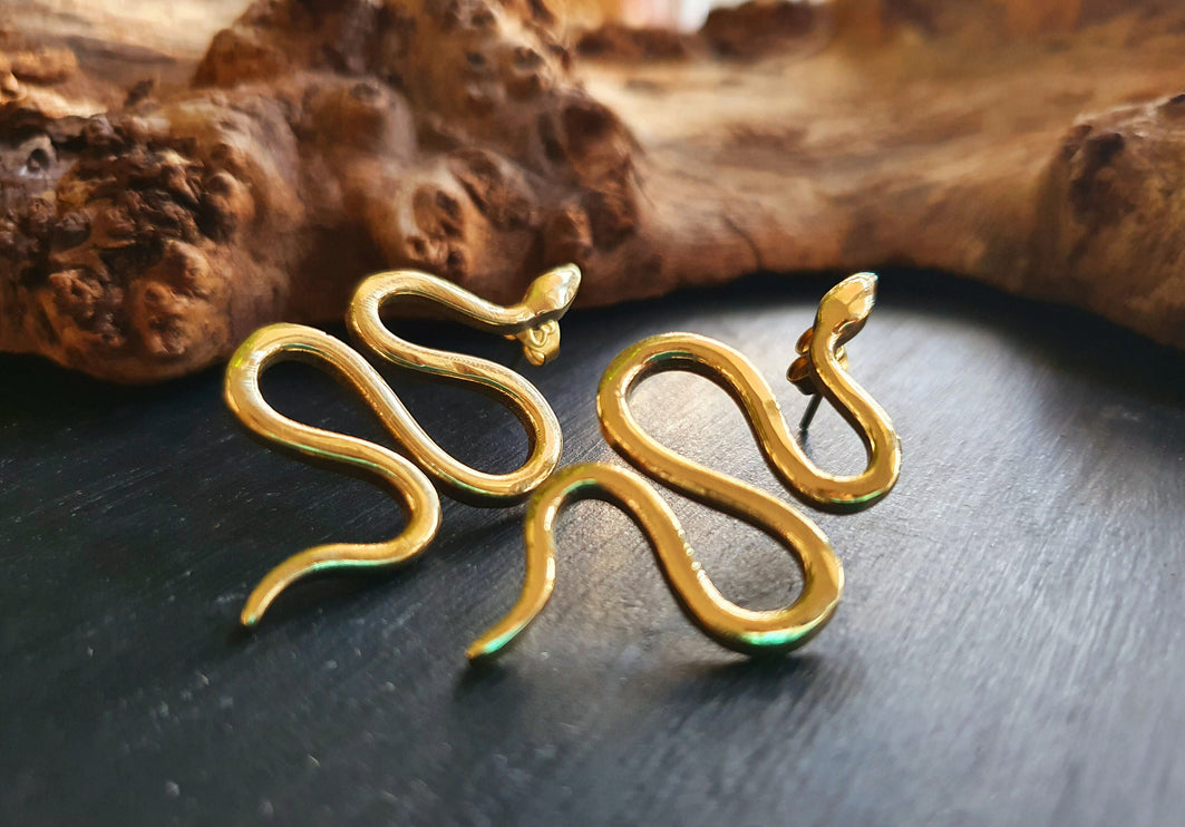 Gold Snake Earrings / Stud Earrings / Contemporary / Modern / Medusa / Boho / Brass / Animal / Nature