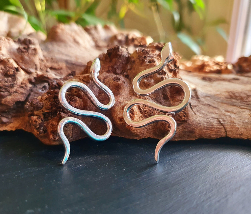 Silver Snake Earrings / Stud Earrings / Contemporary / Modern / Medusa / Boho / Brass / Animal / Nature