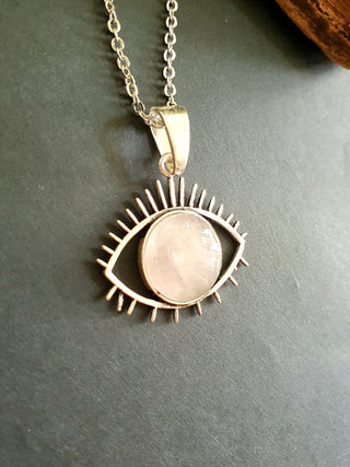 Moonstone Silver Evil Eye Necklace / Stainless Steel Chain / Stone / Ethnic / Hypoallergenic / Third Eye / Illuminati