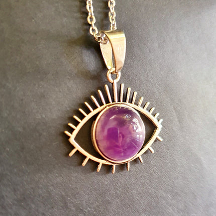 Silver Evil Eye Necklace / Amethyst / Stainless Steel Chain / Stone / Ethnic / Hypoallergenic / Third Eye / Illuminati