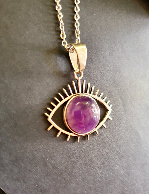 Silver Evil Eye Necklace / Amethyst / Stainless Steel Chain / Stone / Ethnic / Hypoallergenic / Third Eye / Illuminati