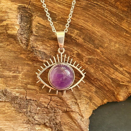 Silver Evil Eye Necklace / Amethyst / Stainless Steel Chain / Stone / Ethnic / Hypoallergenic / Third Eye / Illuminati