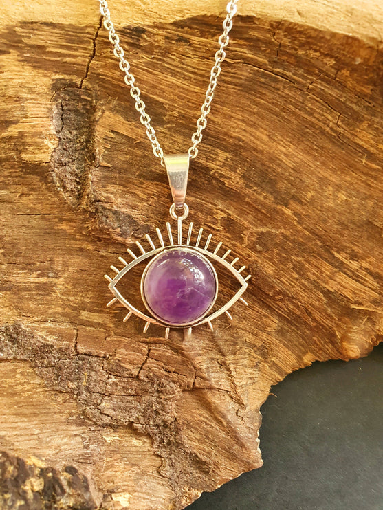 Silver Evil Eye Necklace / Amethyst / Stainless Steel Chain / Stone / Ethnic / Hypoallergenic / Third Eye / Illuminati