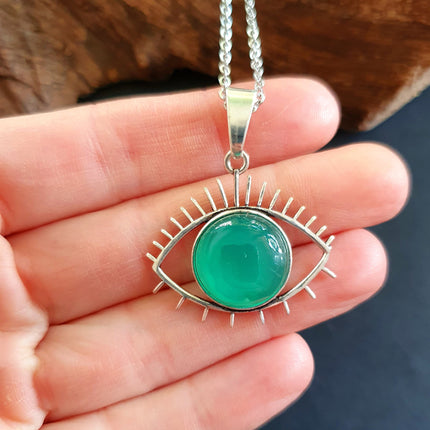 Silver Evil Eye Necklace / Green Onyx / Stainless Steel Chain / Stone / Ethnic / Hypoallergenic / Third Eye / Illuminati