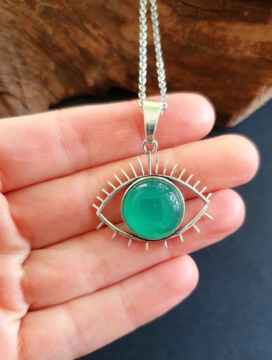 Silver Evil Eye Necklace / Green Onyx / Stainless Steel Chain / Stone / Ethnic / Hypoallergenic / Third Eye / Illuminati