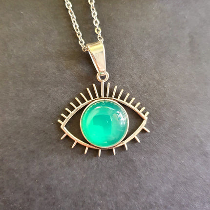 Silver Evil Eye Necklace / Green Onyx / Stainless Steel Chain / Stone / Ethnic / Hypoallergenic / Third Eye / Illuminati