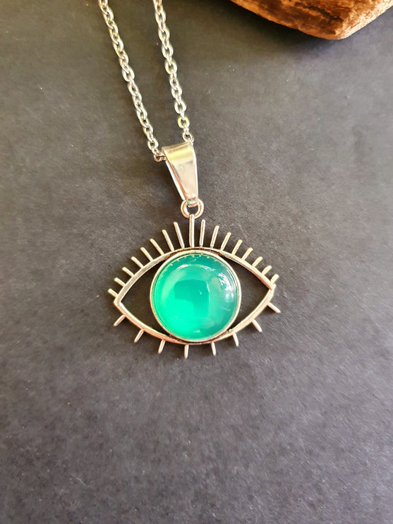 Silver Evil Eye Necklace / Green Onyx / Stainless Steel Chain / Stone / Ethnic / Hypoallergenic / Third Eye / Illuminati