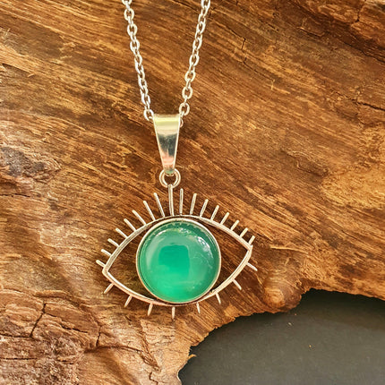 Silver Evil Eye Necklace / Green Onyx / Stainless Steel Chain / Stone / Ethnic / Hypoallergenic / Third Eye / Illuminati