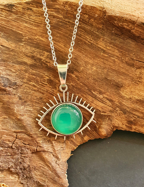 Silver Evil Eye Necklace / Green Onyx / Stainless Steel Chain / Stone / Ethnic / Hypoallergenic / Third Eye / Illuminati