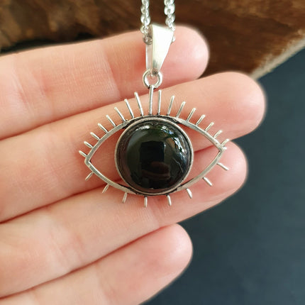 Silver Evil Eye Necklace / Black Onyx / Stainless Steel Chain / Stone / Ethnic / Hypoallergenic / Third Eye / Illuminati