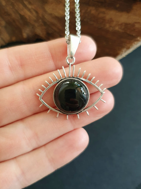 Silver Evil Eye Necklace / Black Onyx / Stainless Steel Chain / Stone / Ethnic / Hypoallergenic / Third Eye / Illuminati