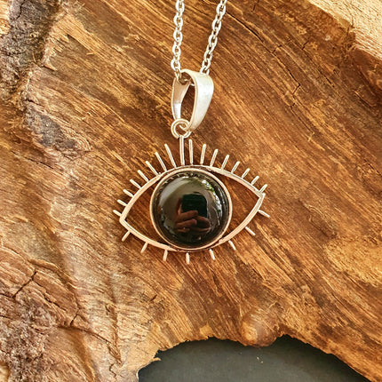 Silver Evil Eye Necklace / Black Onyx / Stainless Steel Chain / Stone / Ethnic / Hypoallergenic / Third Eye / Illuminati