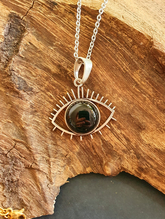 Silver Evil Eye Necklace / Black Onyx / Stainless Steel Chain / Stone / Ethnic / Hypoallergenic / Third Eye / Illuminati