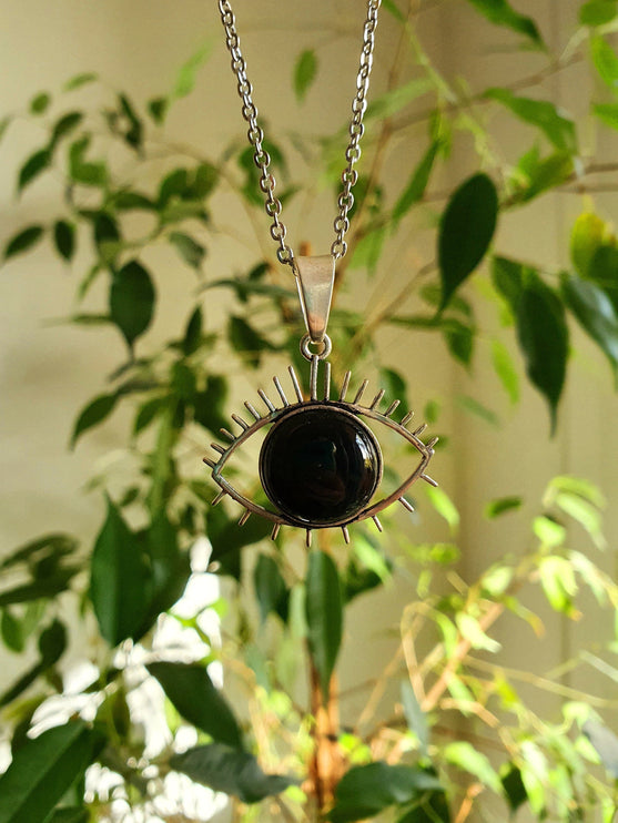 Silver Evil Eye Necklace / Black Onyx / Stainless Steel Chain / Stone / Ethnic / Hypoallergenic / Third Eye / Illuminati