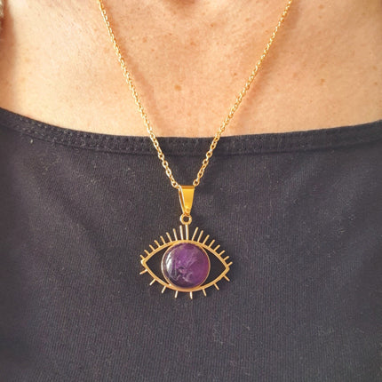 Gold Eye of Protection Necklace / Amethyst / Third Eye / Hypoallergenic / Brass / Boho / Inca / Ethnic / Hypoallergenic / Illuminati