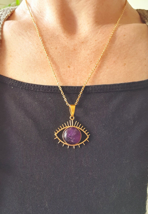 Gold Eye of Protection Necklace / Amethyst / Third Eye / Hypoallergenic / Brass / Boho / Inca / Ethnic / Hypoallergenic / Illuminati