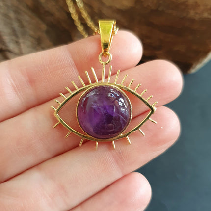 Gold Eye of Protection Necklace / Amethyst / Third Eye / Hypoallergenic / Brass / Boho / Inca / Ethnic / Hypoallergenic / Illuminati