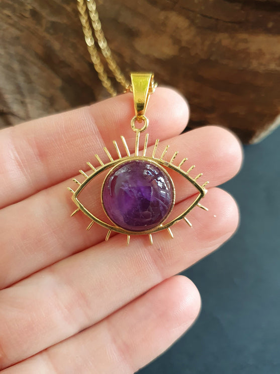 Gold Eye of Protection Necklace / Amethyst / Third Eye / Hypoallergenic / Brass / Boho / Inca / Ethnic / Hypoallergenic / Illuminati