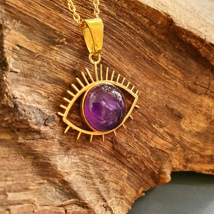 Gold Eye of Protection Necklace / Amethyst / Third Eye / Hypoallergenic / Brass / Boho / Inca / Ethnic / Hypoallergenic / Illuminati