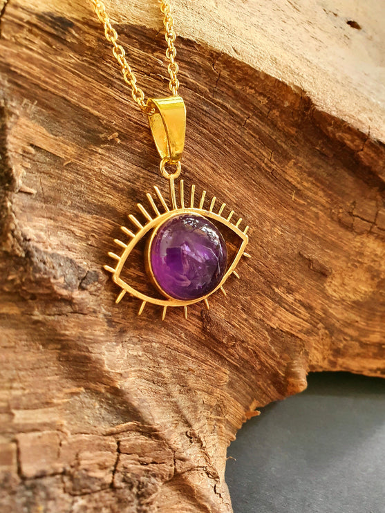 Gold Eye of Protection Necklace / Amethyst / Third Eye / Hypoallergenic / Brass / Boho / Inca / Ethnic / Hypoallergenic / Illuminati