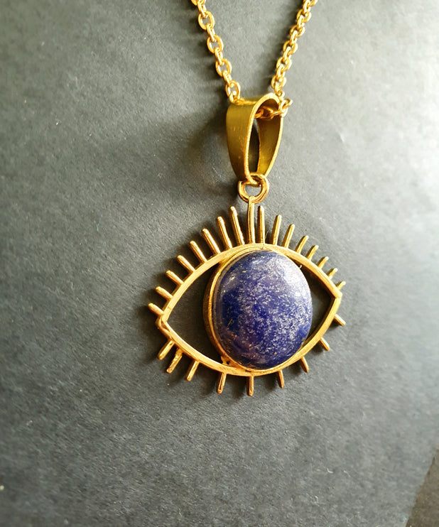 Lapis Lazuli Gold Eye of Protection Necklace / Third Eye / Hypoallergenic / Brass / Boho / Inca / Ethnic / Hypoallergenic / Illuminati