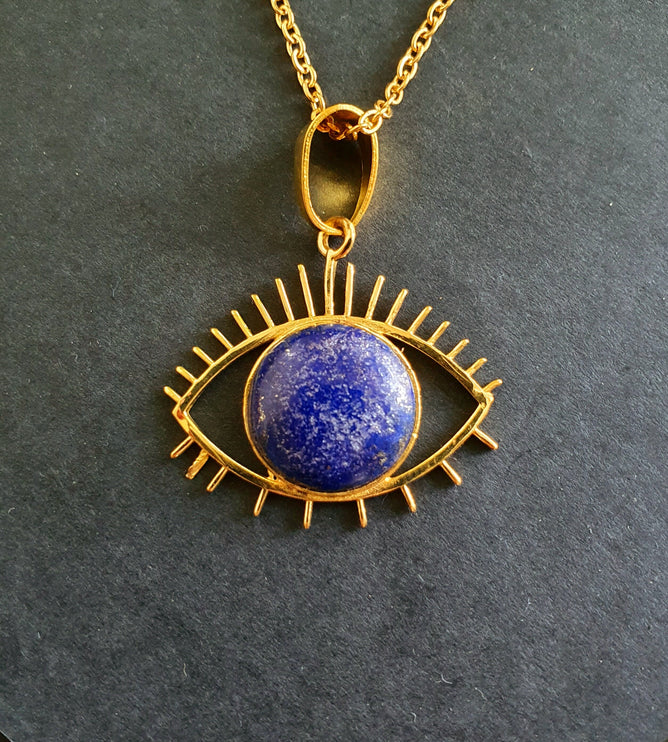 Lapis Lazuli Gold Eye of Protection Necklace / Third Eye / Hypoallergenic / Brass / Boho / Inca / Ethnic / Hypoallergenic / Illuminati