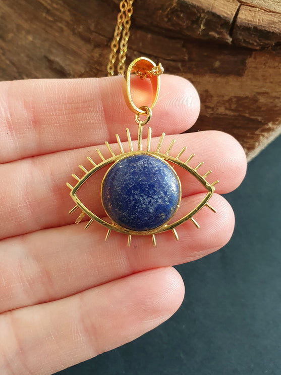 Lapis Lazuli Gold Eye of Protection Necklace / Third Eye / Hypoallergenic / Brass / Boho / Inca / Ethnic / Hypoallergenic / Illuminati