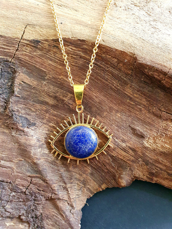 Lapis Lazuli Gold Eye of Protection Necklace / Third Eye / Hypoallergenic / Brass / Boho / Inca / Ethnic / Hypoallergenic / Illuminati