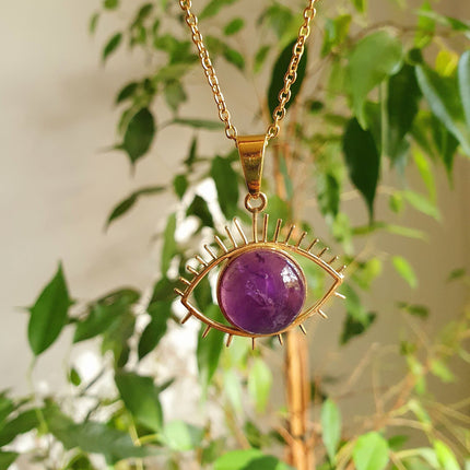 Gold Eye of Protection Necklace / Amethyst / Third Eye / Hypoallergenic / Brass / Boho / Inca / Ethnic / Hypoallergenic / Illuminati